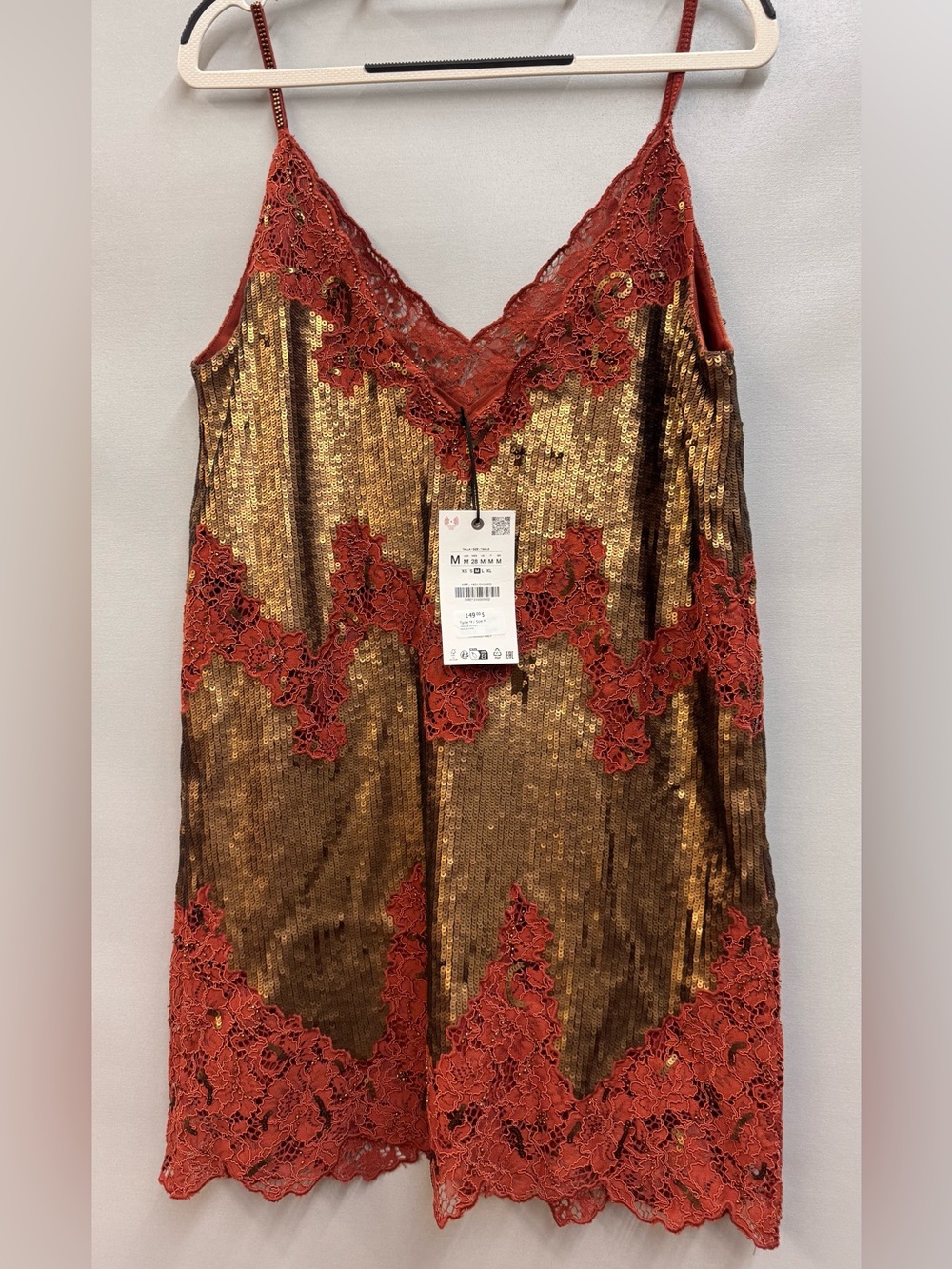 Zara Sequin Lace Slip Dress - Rust & Gold